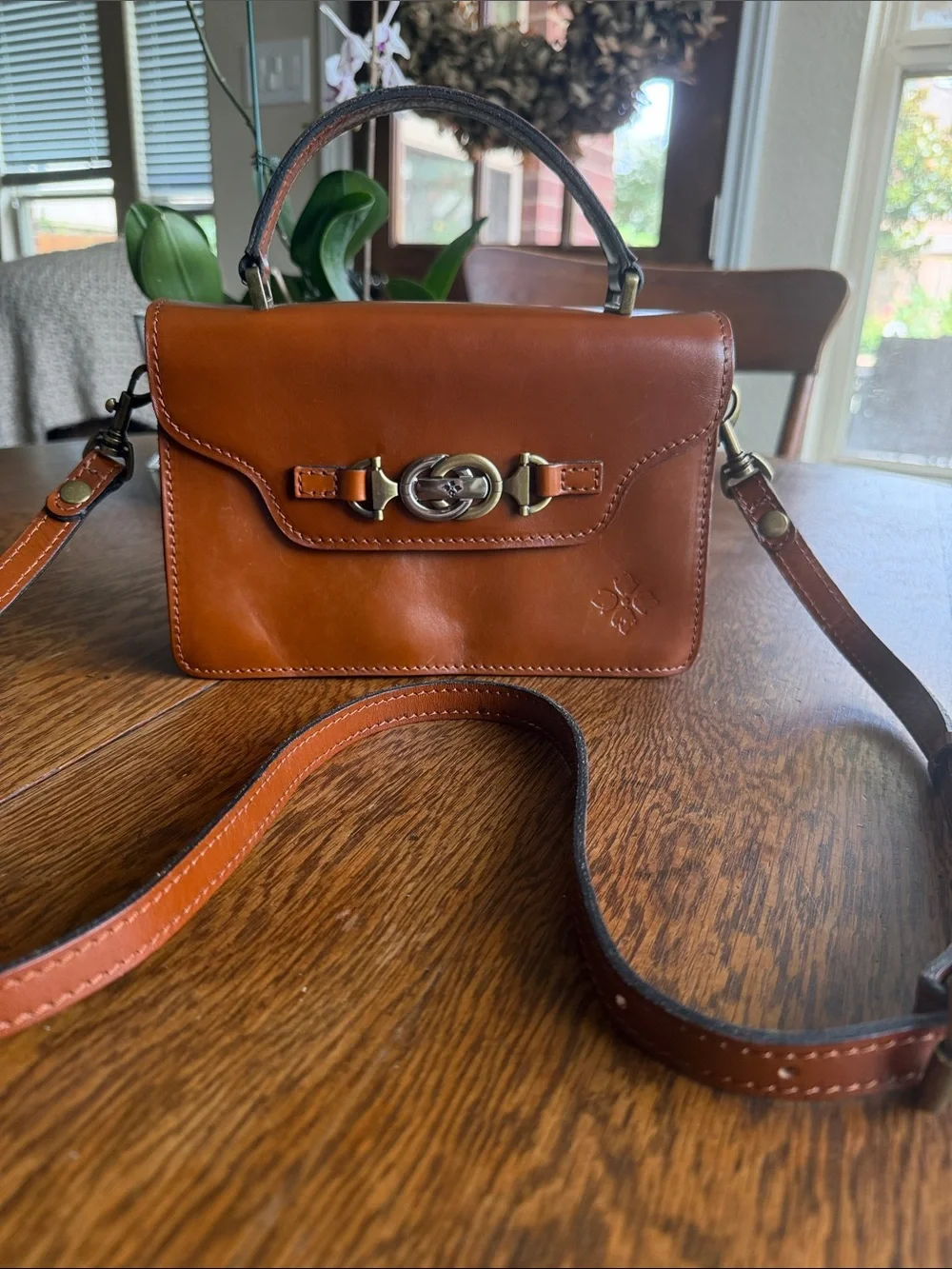 Patricia Nash Authentic Leather Heritage PORCILI Tan Top Handle Crossbody Bag
